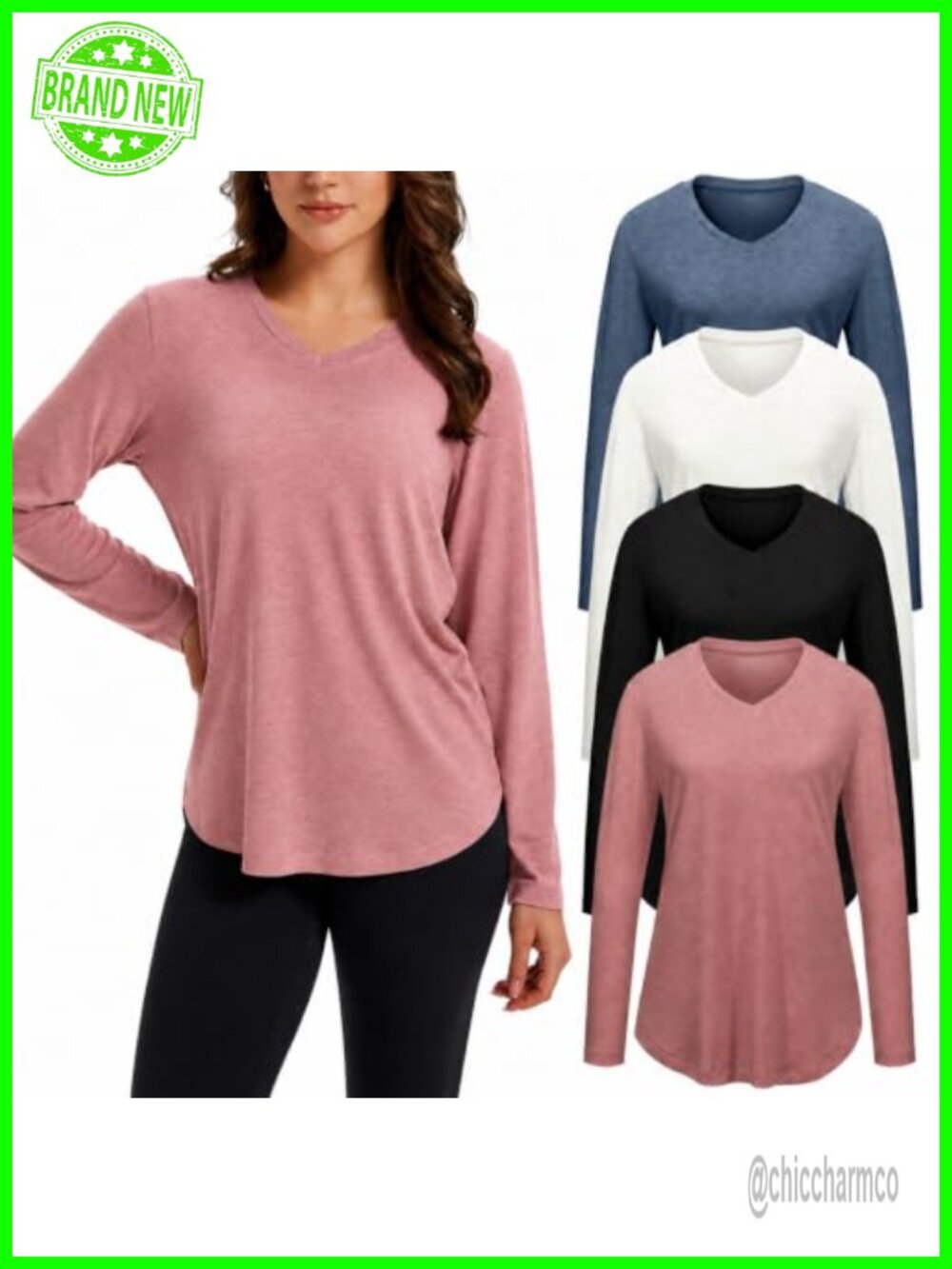 4 Pack Long Sleeve V Neck Tunic Tops Loose Fit Curved Hem Womens